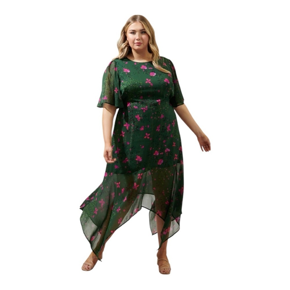 Sugarlips Juniper Floral Aerin Asymmetrical Flutter Midi Dress Curve Size 3X NEW